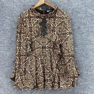 Sysmax Blouse Women M Medium Beige Animal Print Zipper Long Sleeve Crew Neck